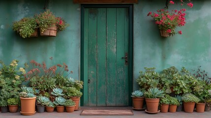 Naklejka premium Rustic house front with vibrant garden decor.