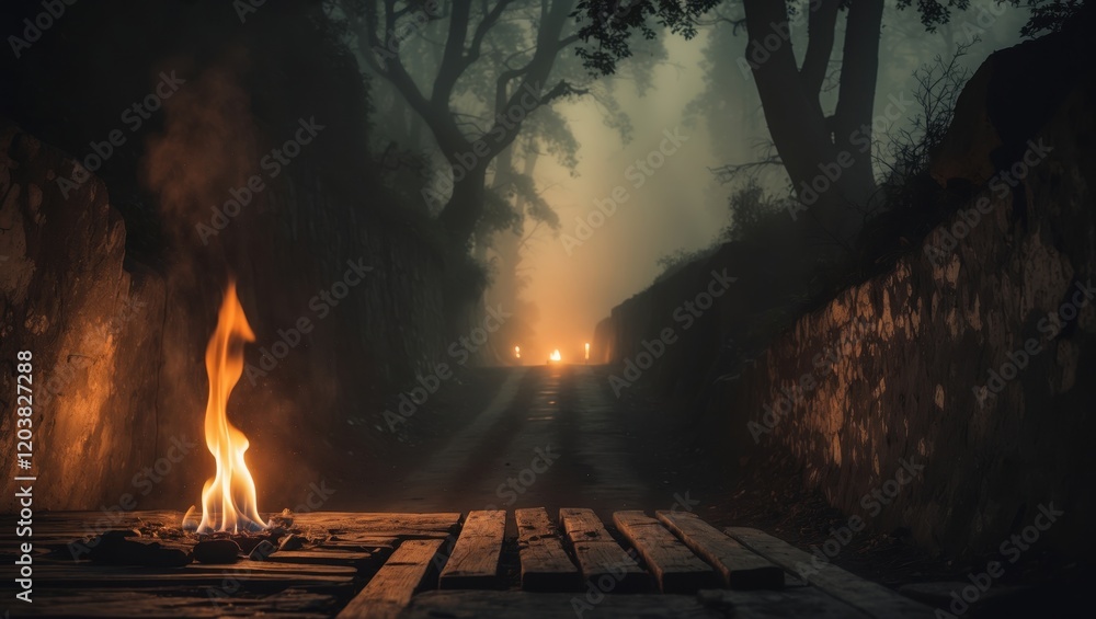 Poster a tranquil scene of a dimly lit path with a flickering fire in the foreground, surrounded by trees a