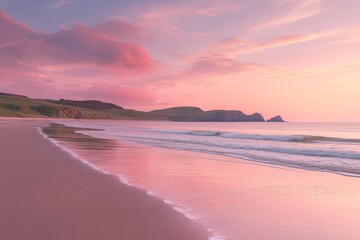 Fototapeta premium Pink sandy beach with calm waves and warm sunset hues