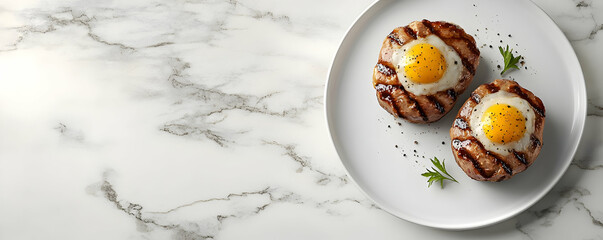 Grilled patties, fried eggs, marble