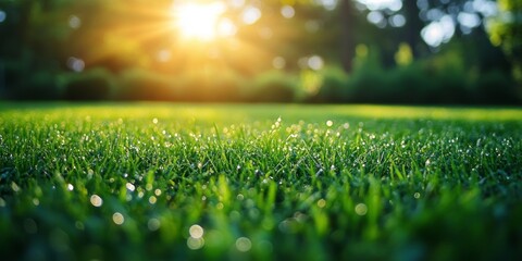Naklejka premium Green grass field glowing under warm sunlight