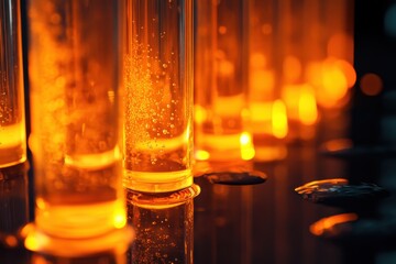 A close-up of glowing orange beakers filled with bubbling liquids, aligned perfectly on a reflective surface under soft white and blue laboratory lighting.