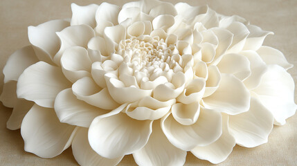 Close-up of a White Dahlia with Intricate Petal Details on Light Fabric