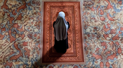 Obraz premium A Muslim woman wearing a hijab is standing on a prayer rug, seen from above. 