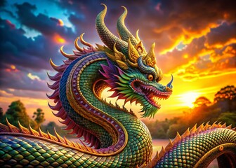 Fototapeta premium Majestic Thai Naga Serpent Coiled, Elegant Asian Mythology Creature, Copy Space Right