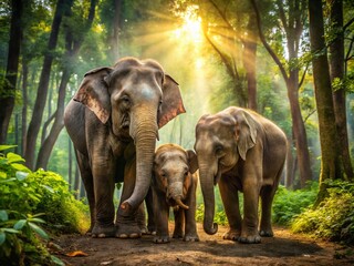 Fototapeta premium Majestic Thai Elephant Family in Lush Green Forest - High-Resolution Stock Photo