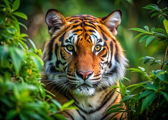 Obraz premium Majestic Tiger Portrait Hidden in Lush Green Bushes