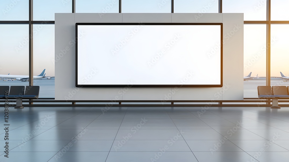 Poster blank digital display board in bright airport terminal with planes visible through windows
