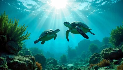 Fototapeta premium Sea Turtles Swimming in Underwater Coral Reef Scene