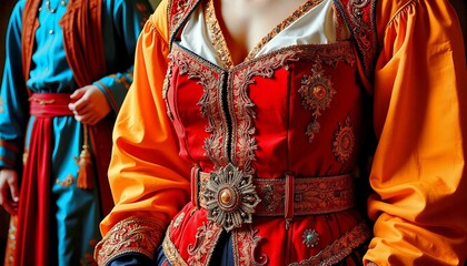 Naklejka premium Traditional Chinese Cultural Costume Detail in Red and Orange