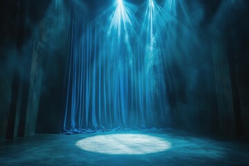 Soft blue lights illuminate a stage with dark curtains in a theater setting for a performance