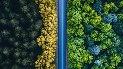 A contrast between a lush vibrant rainforest and a deforested wasteland divided by a straight logging road.