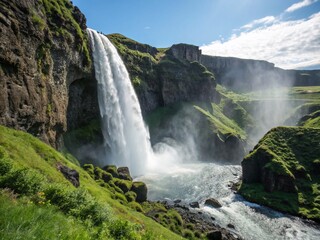 Fototapeta premium Majestic Waterfall Cascading Down Rocky Cliffs, Abundant Copy Space