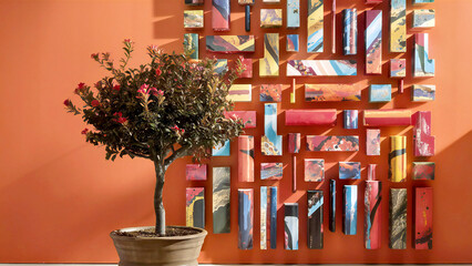 Eclectic Wall Art with Colorful Wooden Blocks & Potted Bonsai Tree Against Orange Wall | Modern Interior Design & Home Decor Inspiration