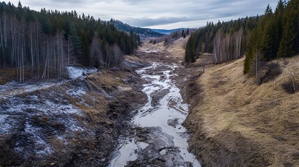 A deforested hillside with eroded soil and muddy streams showing the aftermath of logging activities.