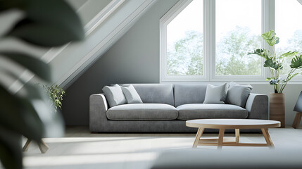Sunlit living room with plush seating and greenery.