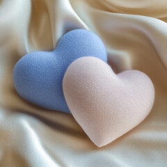 Fototapeta premium Two soft wool hearts in pastel pink and light blue hues placed on a soft fabric background. The hearts are slightly fuzzy and delicate, with a handmade feel. The colors evoke a serene and calming atmo