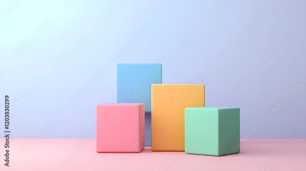 Poster colorful abstract geometric shapes composition with 3d cube,rectangle and square elements on plain