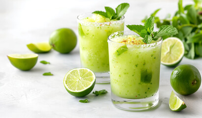 Refreshing lime and mint frozen cocktail in glasses