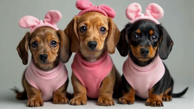 dachshund puppies dressed in Valentine's Day costumes&sbquo; cute and heartwarming. Festive Mothers Day, Valentine's Day, Chocolate Day, Birthday.