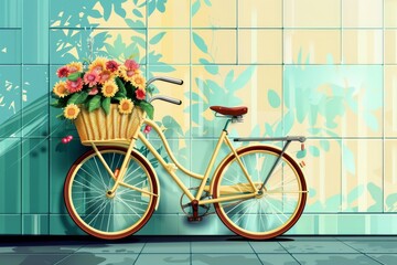 Fototapeta premium Vibrant floral retro bicycle against spring wall art background