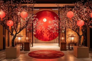 A Chinese-style New Year scene, with the hotel entrance decorated with a red circular background and large