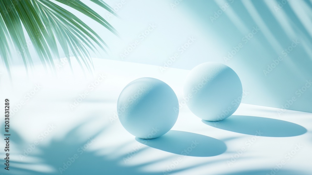Poster two smooth white spheres resting on a soft surface with palm leaves casting shadows in a serene sett
