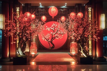 A Chinese-style New Year scene, with the hotel entrance decorated with a red circular background and large