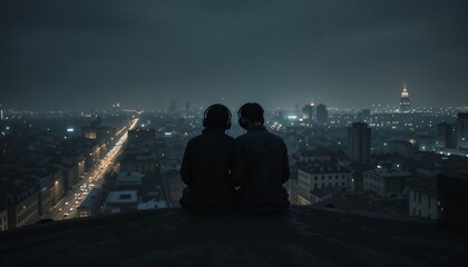 Two young men enjoying city skyline at night with headphones on rooftop