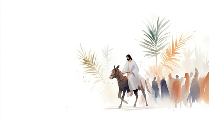 Palm sunday procession: jesus on a donkey with followers and palm leaves
