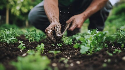 Fototapeta premium A farmer spreading organic fertilizer across a green vegetable field with simple tools.