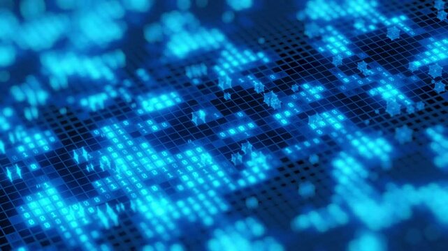 Close-up of a glowing binary code grid in blue tones, featuring illuminated patterns, futuristic design, and data visualization.