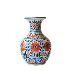 Floral Ceramic Vase Blue and Orange Handcrafted, Unique, Beautiful Flower Container