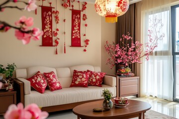 Chinese New Year decoration, hanging Spring Festival couplets on the wall with red characters written in Chinese