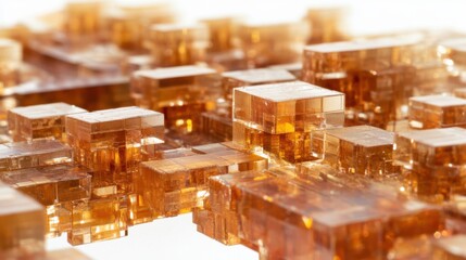 Abstract close-up of translucent amber-colored blocks arranged in a geometric pattern