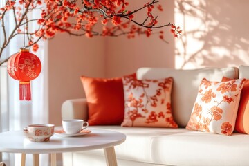 A cream sofa with red Chinese New Year decorations, a white table and coffee cup on the side of it