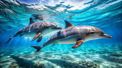 Fototapeta premium Marsa Alam Dolphins: Two playful dolphins swimming in the crystal-clear Red Sea waters.