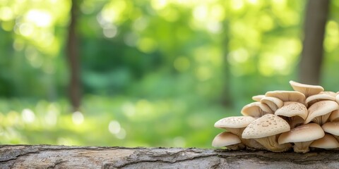Cluster of mushrooms grows vibrantly on a forest log, showcasing natural beauty and woodland charm.