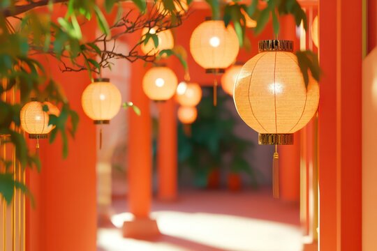 Chinese lanterns in the distance, orange walls, hand drawn 3D character design - Powered by Adobe