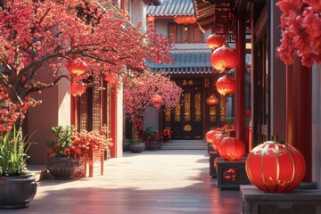 Ancient Chinese-style architecture, lanterns, and red plum blossoms in the courtyard, a lively street scene with clay materials
