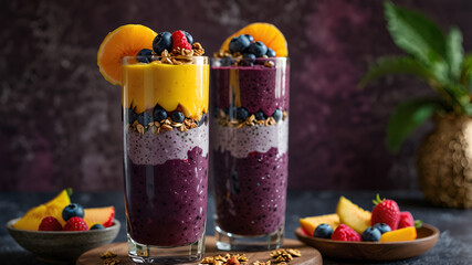 Açaí smoothie served in a tall glass with layers of vibrant fruit and granola