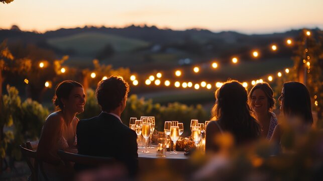 A glamorous evening as friends toast under twinkling lights at a vineyard with rolling hills.
