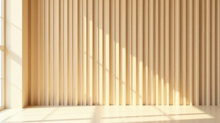 Obraz premium Warm Sunlight Illuminates a Minimalist Room with Vertical Wooden Paneling and a Bright Window