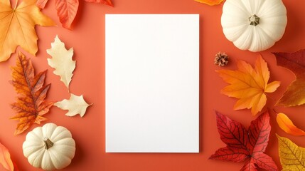 Autumn still life with white pumpkins and fall leaves surrounding a blank card.