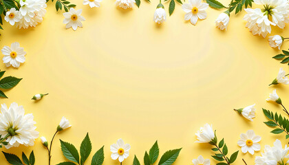 White flowers and green leaves arranged on a yellow background for cheerful floral design concept