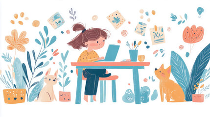 Naklejka premium Girl Working on Laptop, Surrounded by Plants and Pets: A Cozy Home Office Scene