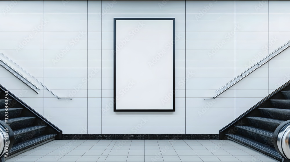 Poster vertical blank signage board in subway station with modern architecture
