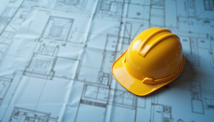 Yellow hard hat on blue architectural plans representing construction safety