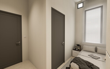 Minimalist Small Bedroom Design. 3D Render
