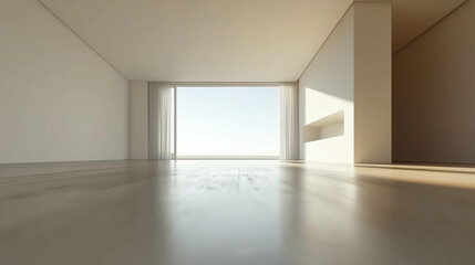 Fototapeta premium An empty living room with a large window and walls in a light beige color and a wooden floor